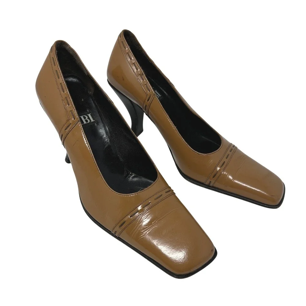 FABI Square Toe Pumps Womens 38 Tan Patent Leather Made in Italy Fair Whipstitch